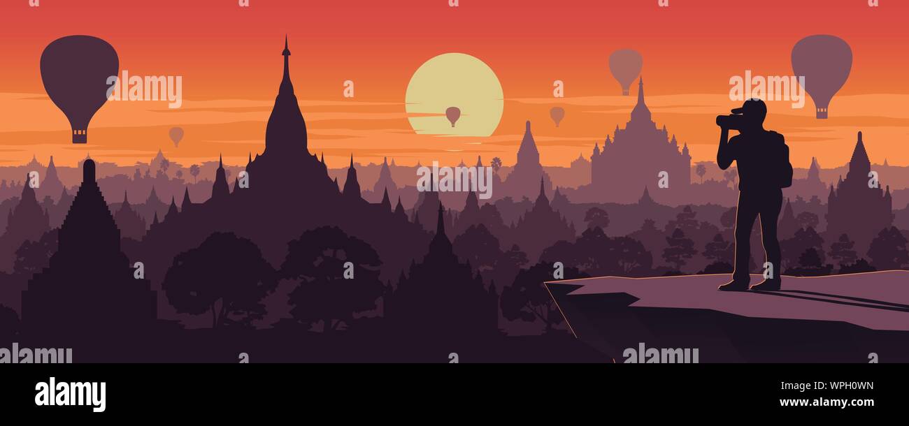 Prendre touristiques photo de pagoda,monument du Myanmar au coucher du soleil,couleur,vintage style vector illustration Illustration de Vecteur