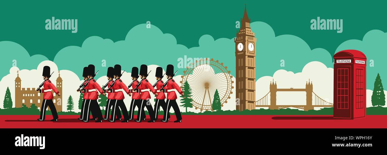 Soldat anglais téléphone rouge,fort,Big Ben et célèbre l'empreinte de l'Angleterre,national flag,couleur,design silhouette vector illustration Illustration de Vecteur