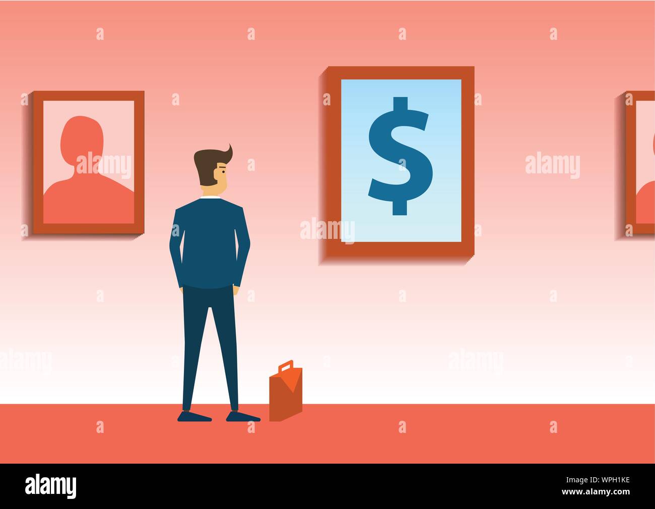 Look homme d'intérêt pour de l'argent photo dans art gallery,caricature,version vector illustration Illustration de Vecteur