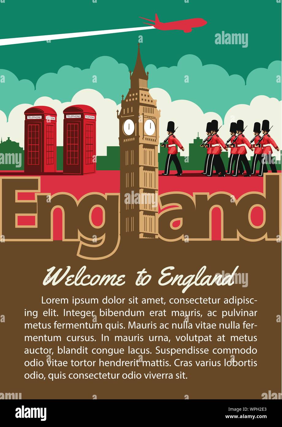 L'Angleterre vue brochure en typographie vintage design,couleur,art publicité vector illustration Illustration de Vecteur