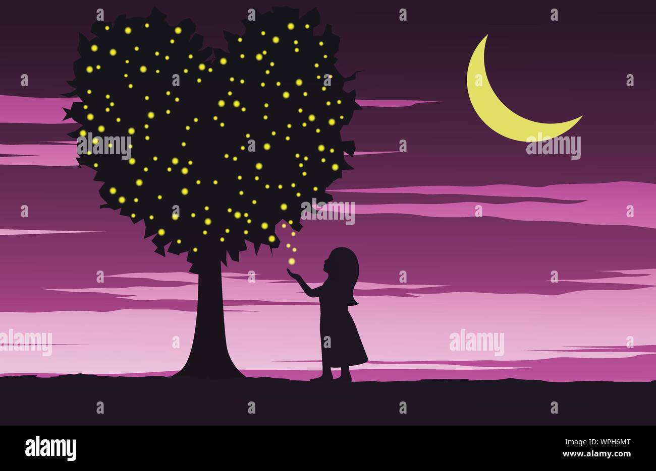Fille de Firefly sur l'arbre en forme de coeur.pour remplir d'amour avec la lumière,la nuit avec couleur rose, vector illustration Illustration de Vecteur