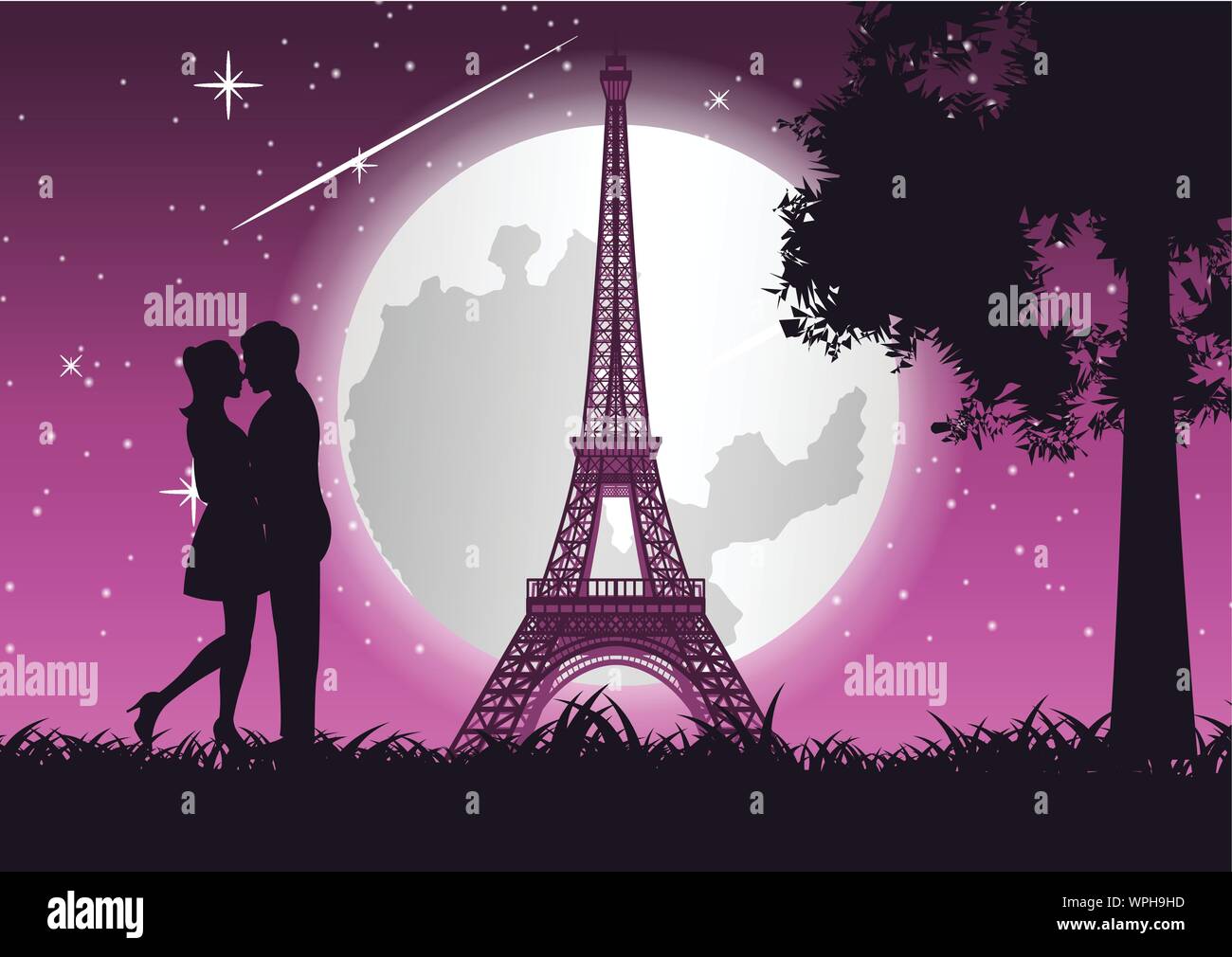 Couple Câlin Baiser ensemble et près de Eiffel tower et concept art,arbre,vector illustration Illustration de Vecteur