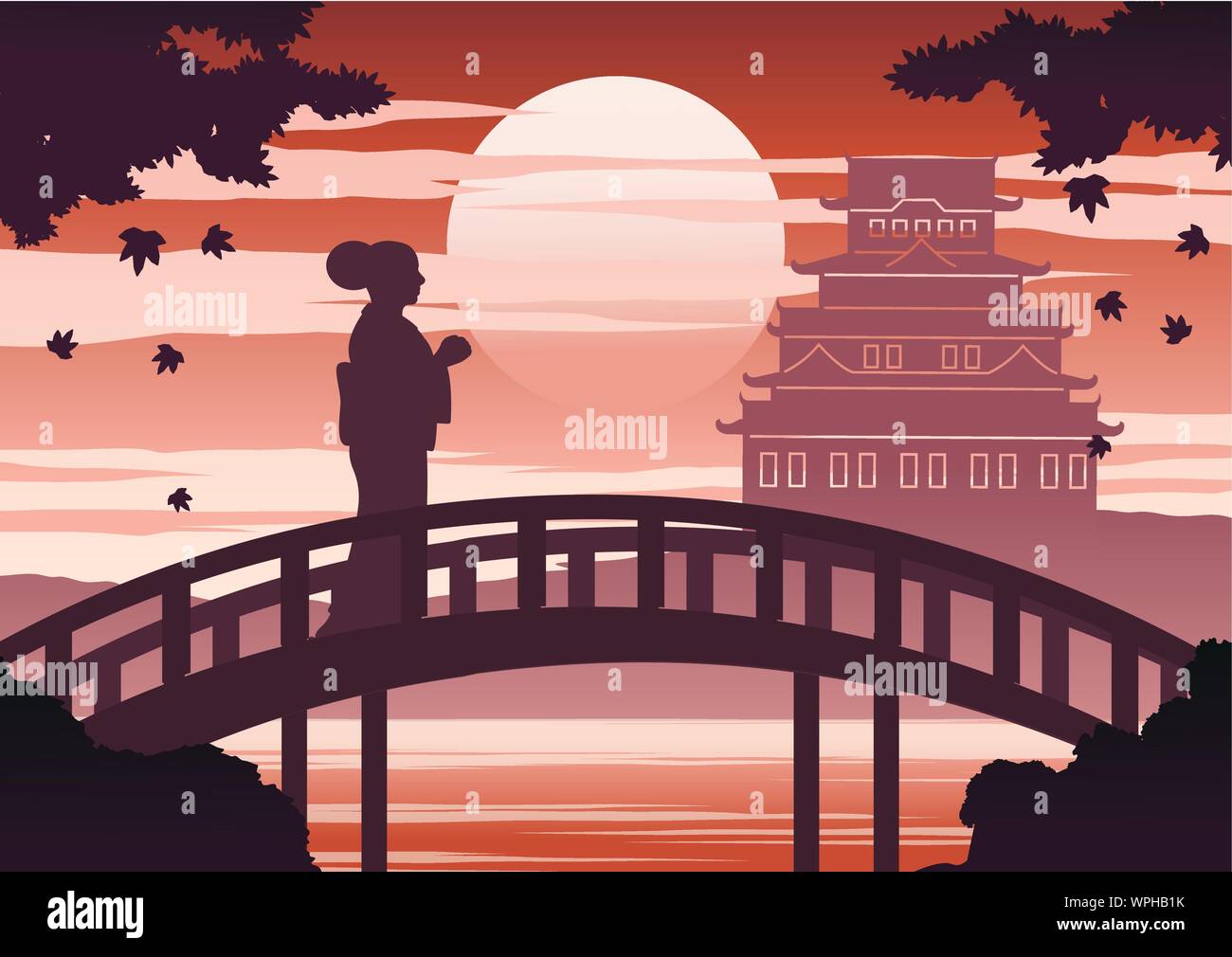 Le Japon femme en robe kimono position sur bridge près de castle sur l'heure du coucher du soleil alors que l'automne érable silhouette,ombre et lumière,couleur,design vintage vector illust Illustration de Vecteur