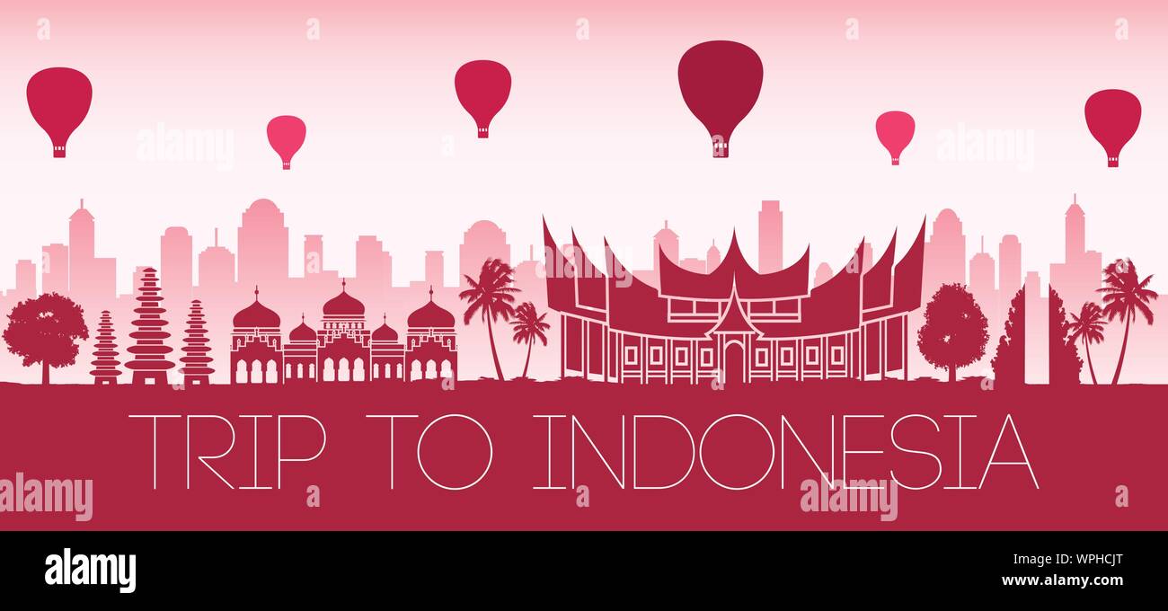 Indonésie célèbre par ballon flotter au-dessus d'un drapeau rouge dans le ton des couleurs,design silhouette vector illustration Illustration de Vecteur