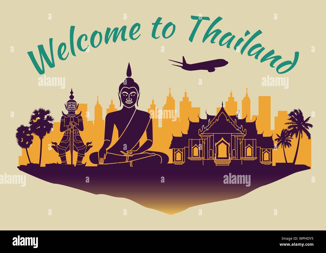 La Thaïlande célèbre style silhouette flottante sur l'île pourpre et vert pays nom texte,Voyages et tourisme,vector illustration Illustration de Vecteur