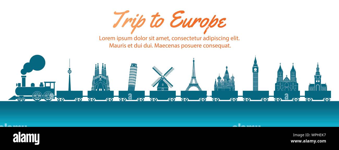 L'Europe vue transportés par train, concept art style silhouette vecteur illustration,dégradé bleu vert,vector illustration Illustration de Vecteur