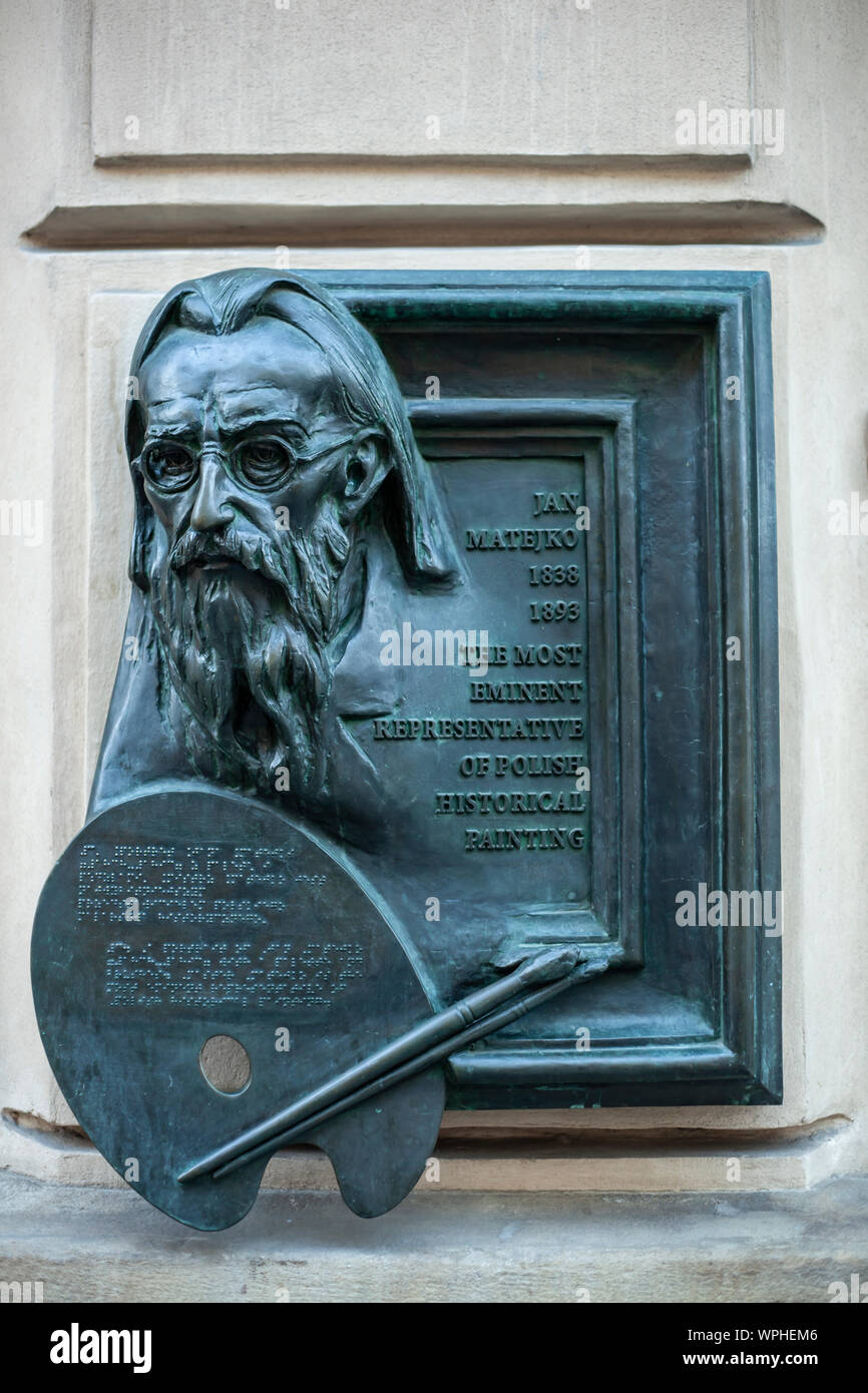 Plaque commémorative du peintre Jan Matejko dans la vieille ville de Cracovie, en Pologne. Banque D'Images