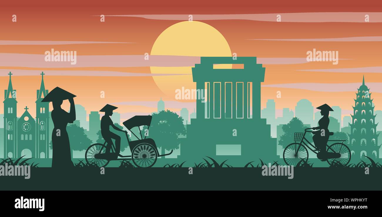 La femme et l'homme vietnamiens ride location pass monument du Vietnam,vintage couleur avec l'heure du coucher du soleil,ton vector illustration Illustration de Vecteur