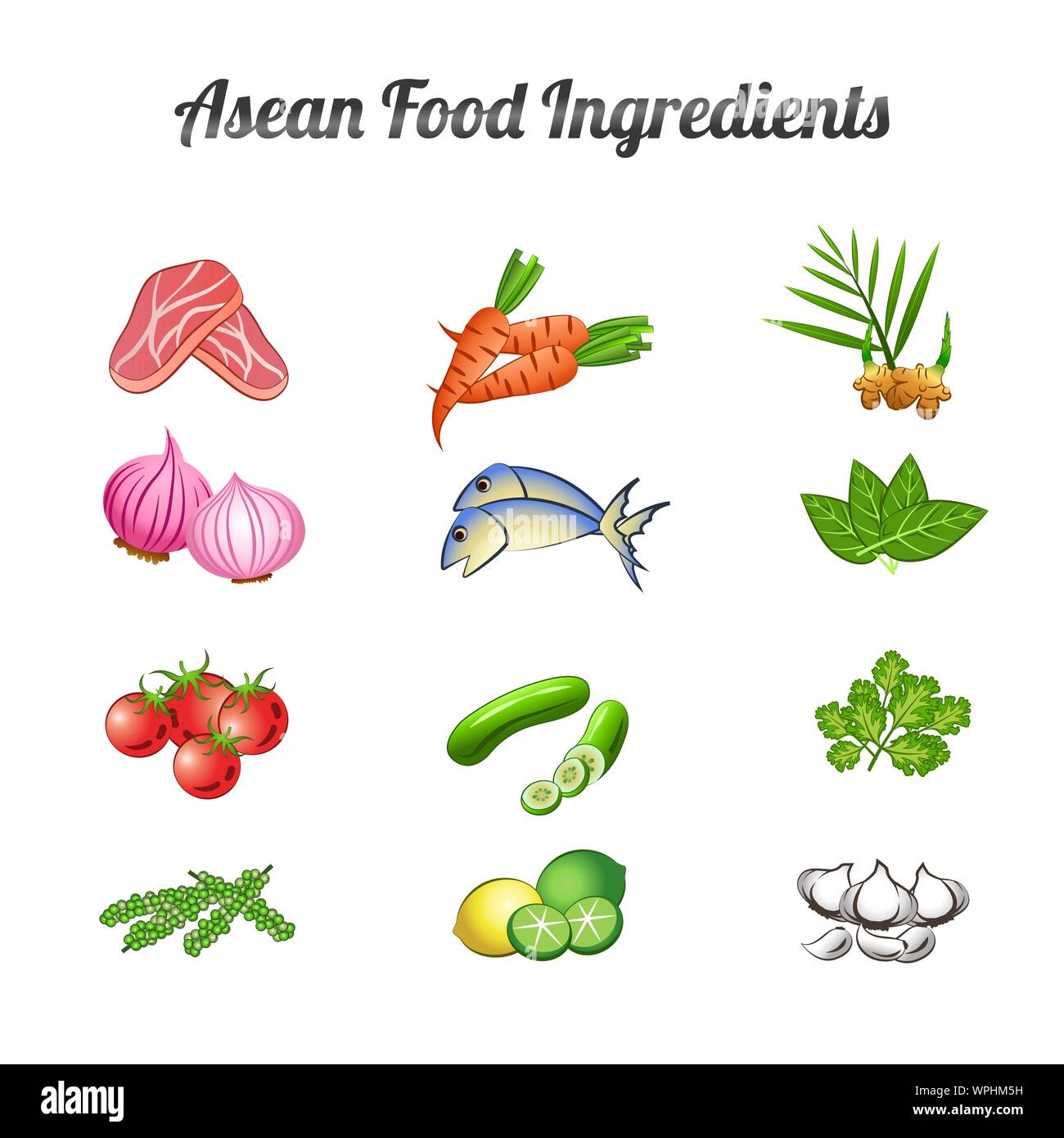 Asean food ingredients set bundle : légumes et viande de pente cartoon design,vector illustration Illustration de Vecteur