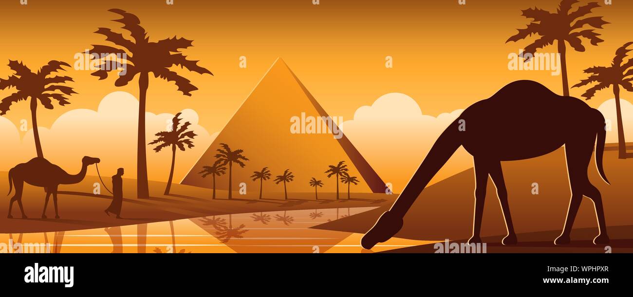 Camel boire de l'eau dans les oasis à proximité du désert,Pyramide caricature silhouette,design vector illustration Illustration de Vecteur