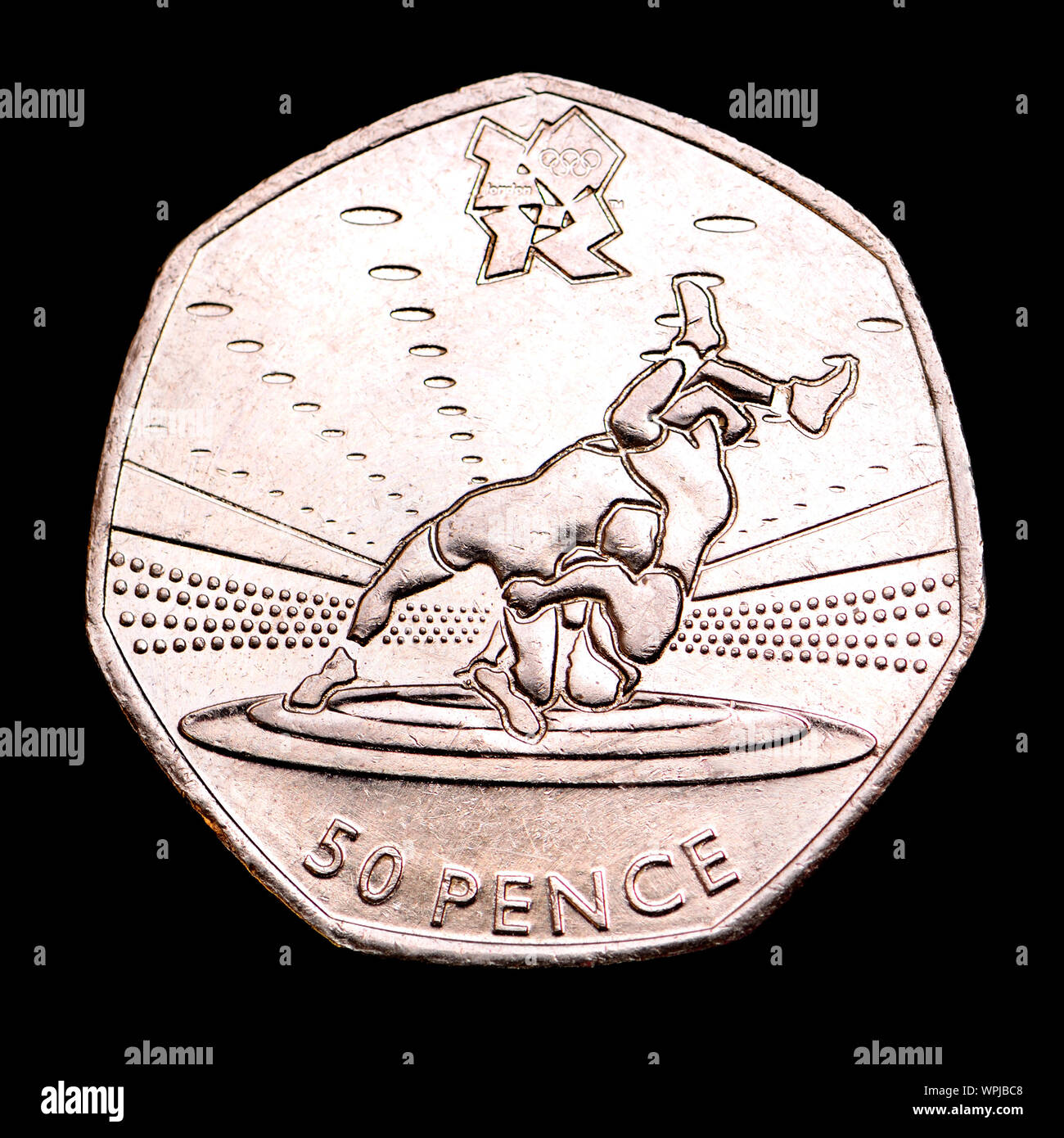 La pièce commémorative 50p. La lutte, à l'Jeux olympiques de 2012 à Londres (2011) Conçu par Roderick Enriquez Banque D'Images