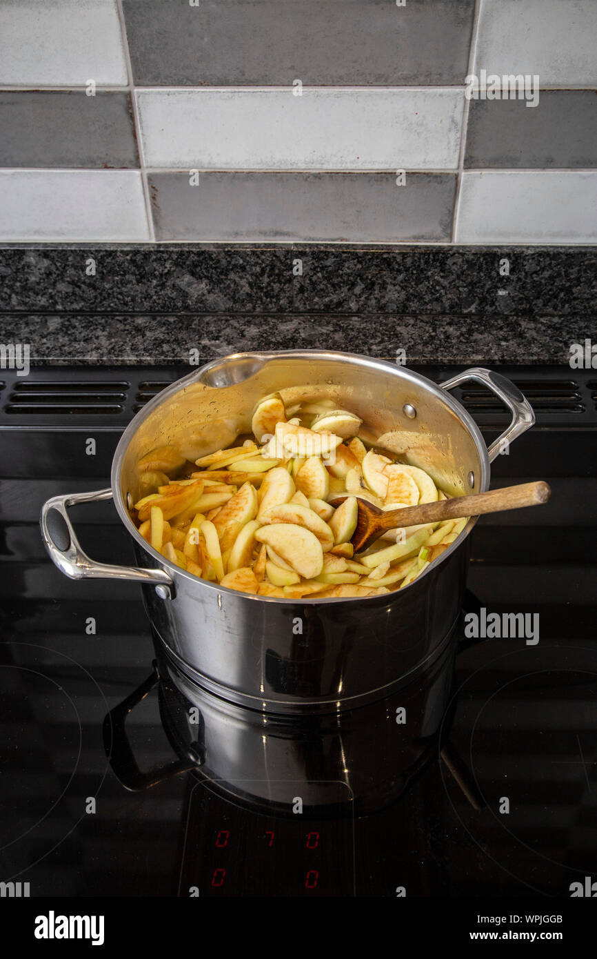 Pommes à bouillir dans une casserole en acier inoxydable sur une plaque à induction cooker. Banque D'Images