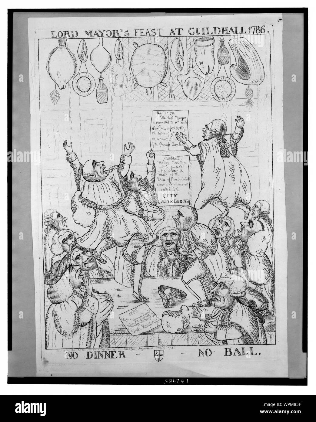 Lord Mayor's fête au Guildhall 1786 - pas de dîner, pas de balle Résumé : Imprimer montre un grand groupe de fonctionnaires de la ville réunis autour d'une table à Guildhall, certains sautent de haut en bas sur la table et ont perdu leurs chapeaux et perruques. Affiché sur le mur sont deux avis : (1) 1er novembre 1786. Le maire est prié de mettre de côté et la fête qui a suivi la parade 9e nov. sur compte de la [la mort] de la princesse Amelia et (2) Guildhall. Ce jour Nov'r. l 9 sera présenté, pas agi depuis la mort du duc de Cumberland, un divertissement de pointe appelée la Ville Camelions. Le comportement de l'EC Banque D'Images