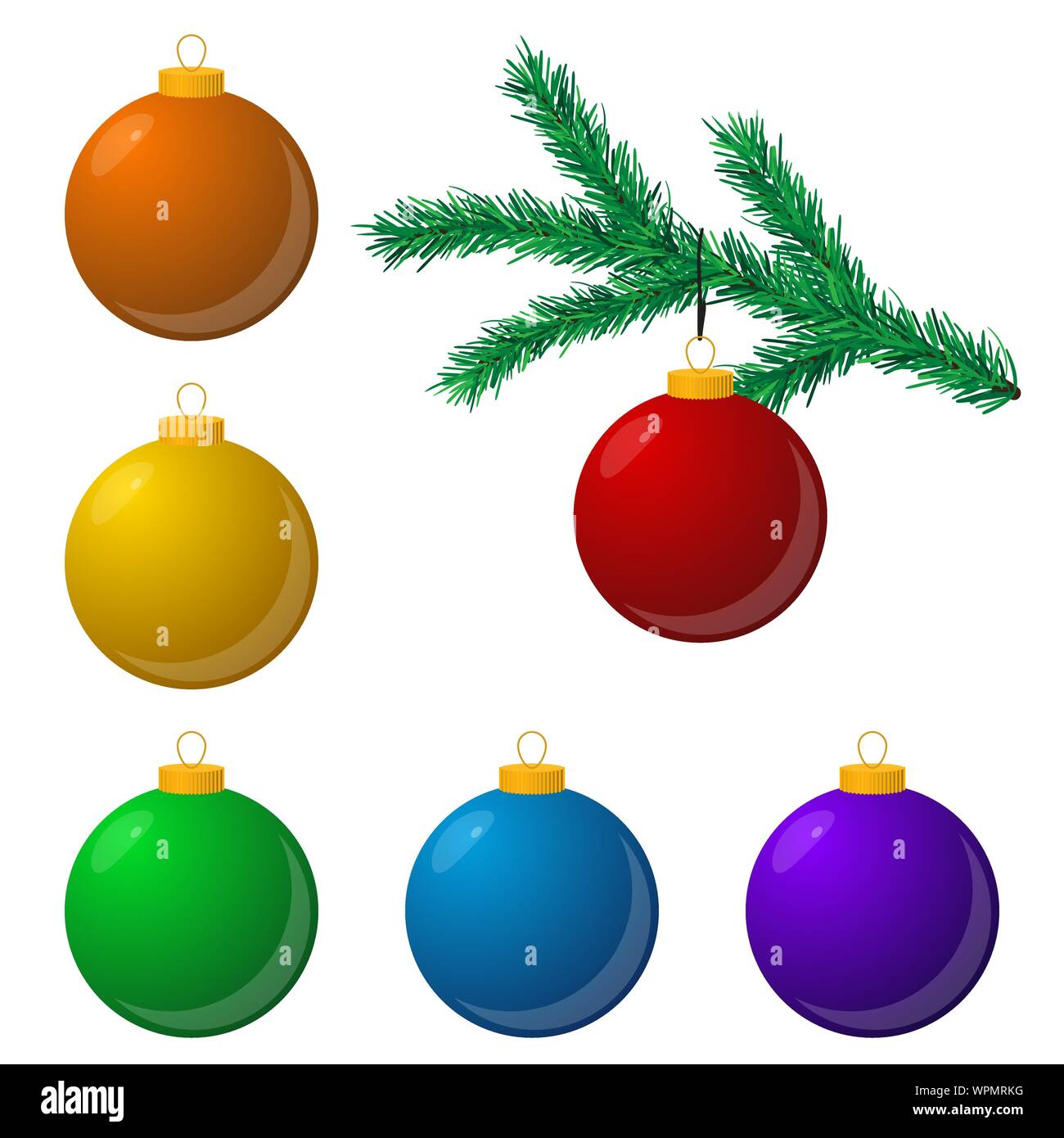 Jeu de boules de Noël multicolores avec une branche de sapin isolé sur fond blanc. Vector illustration. Illustration de Vecteur