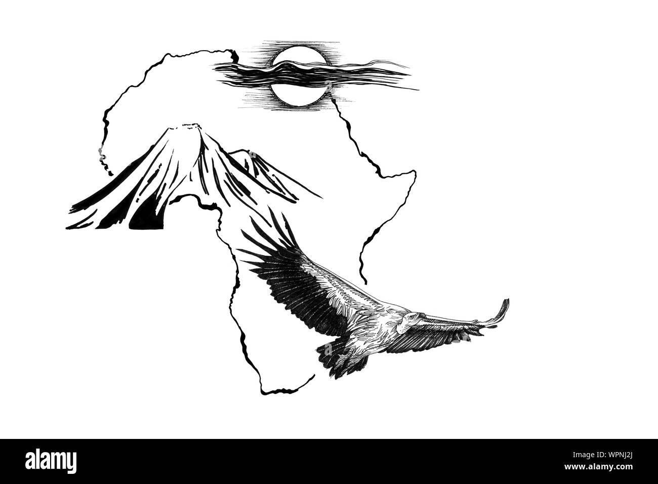 Sur fond de carte de l'Afrique de vautour avec Kilimandjaro montagne et soleil. Collection d'illustrations faites à la main (originaux, pas de traces) Banque D'Images