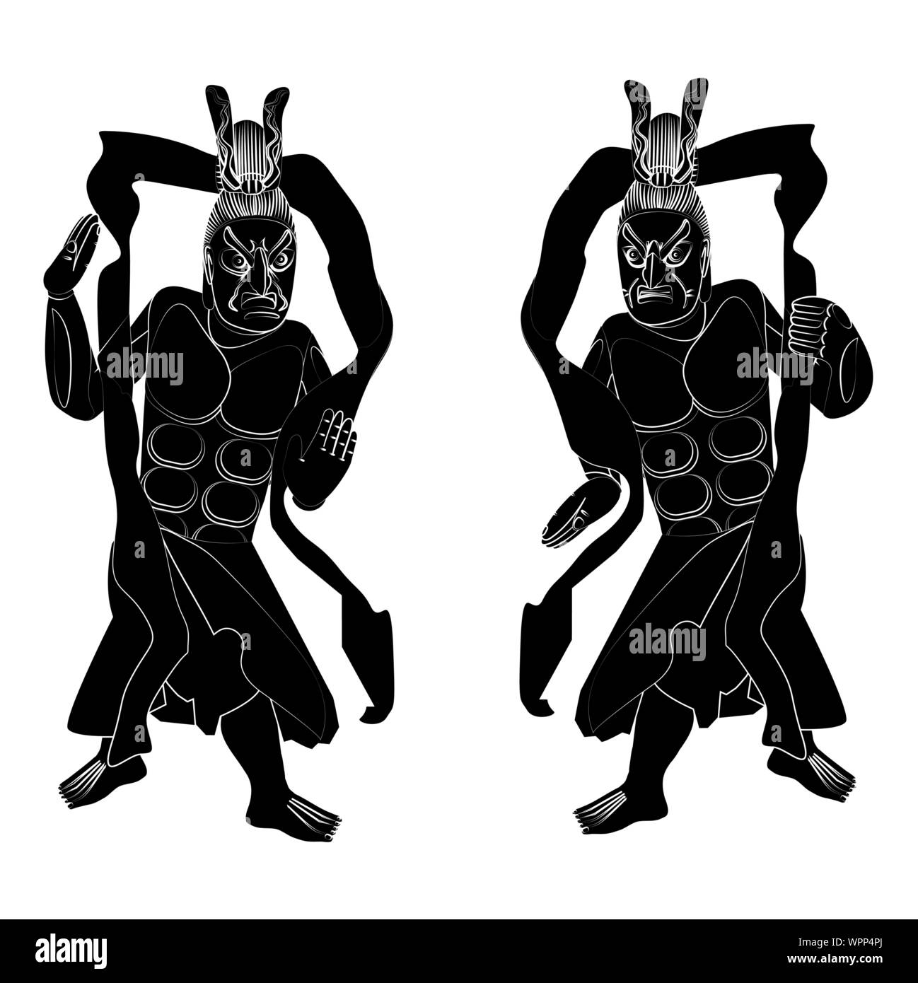 Samouraï noir silhouettes sur un fond blanc. Illustration de Vecteur