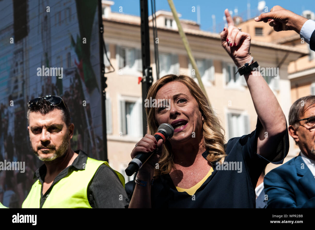 ROME, ITALIE - septembre 9 Chef de l'aile droite de l'Italie (Frères Fratelli d'Italia) parti, Giorgia Meloni parle pendant une démonstration de Frères Banque D'Images