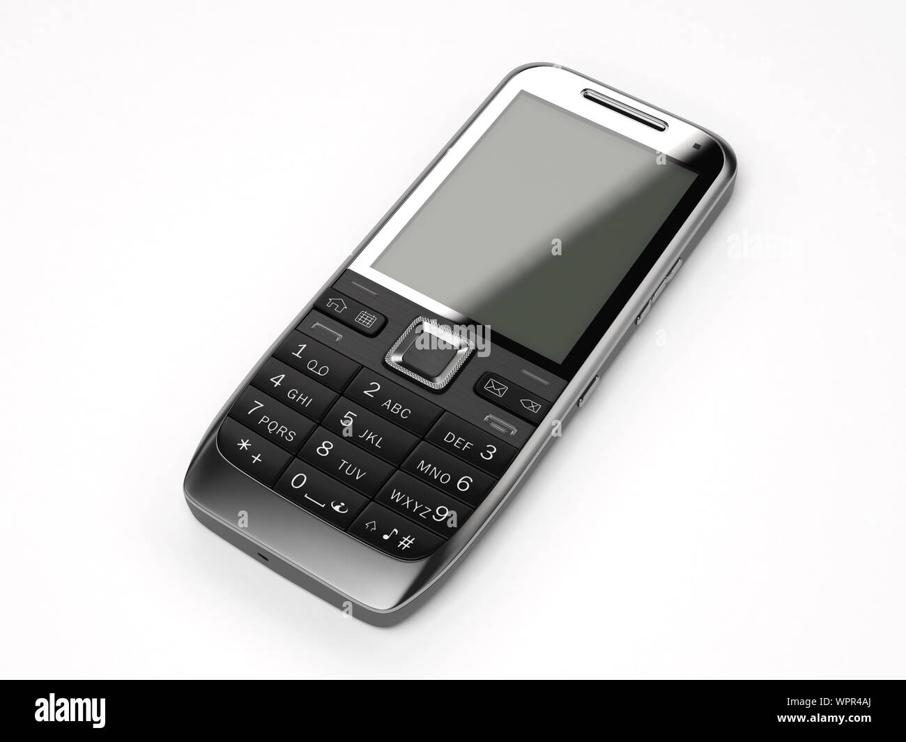 Un téléphone cellulaire noir sur fond blanc Banque D'Images