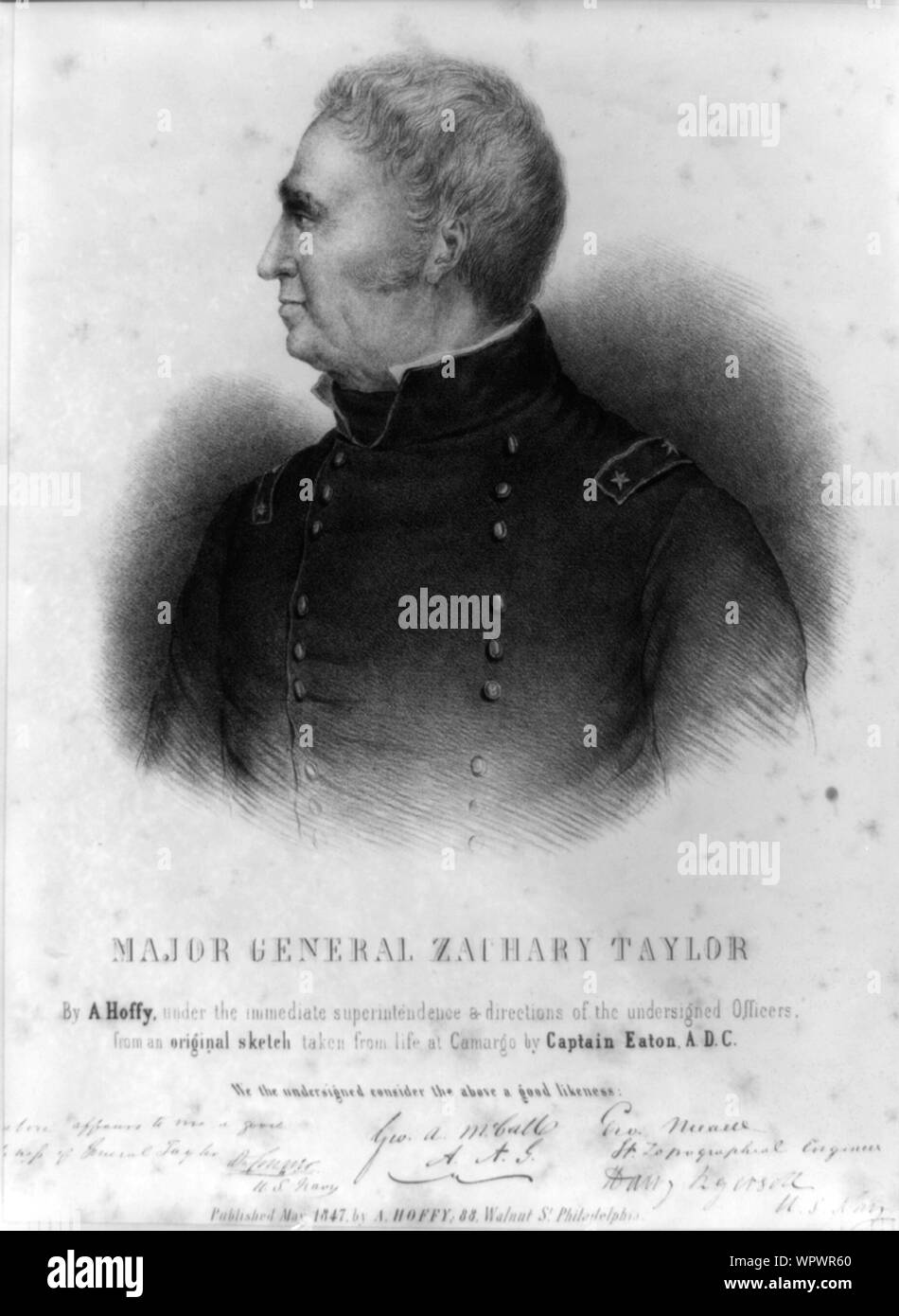 Le général Zachary Taylor Résumé : Imprimer montre Zachary Taylor, tête-et-épaules portrait, corps tourné légèrement à gauche avec la tête de profil à gauche, portant l'uniforme militaire. Comprend des témoignages et les signatures des agents soussignés concernant la qualité de l'image. Banque D'Images