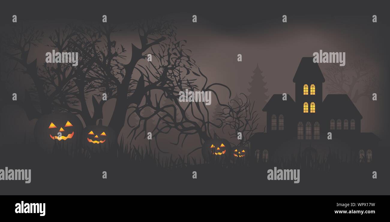 Soir de l'Halloween avec des citrouilles et Haunted House dans une mystérieuse forêt Illustration de Vecteur