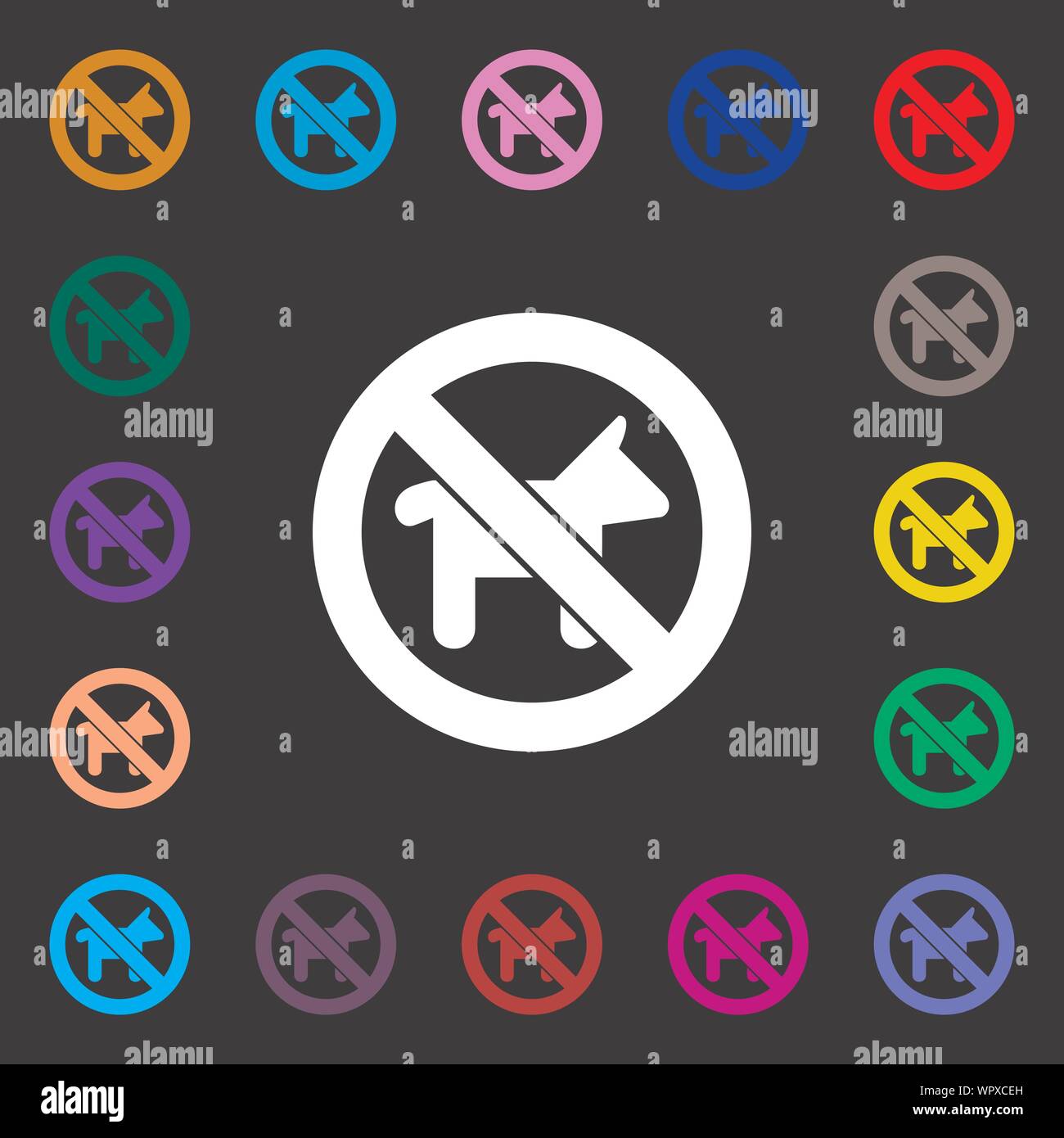 Promenade de chiens est interdite iconi signe. Beaucoup de symboles colorés pour votre conception. Vector Illustration de Vecteur