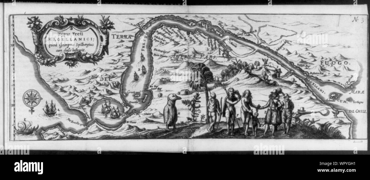 Plan de Détroit de Magellan, montrant les Indiens de Patagonie Dutchmen souhaits ; penguin Banque D'Images