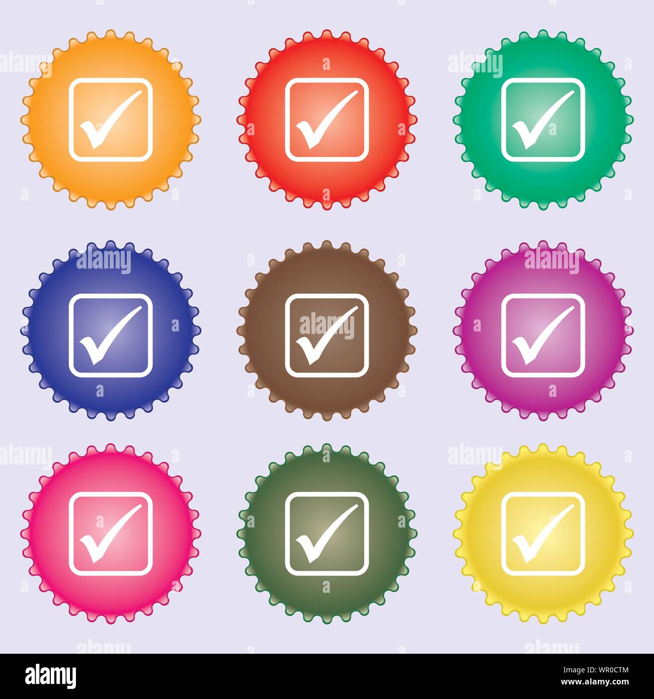 Une icône de validation signe. Une série de 9 étiquettes de couleurs ...