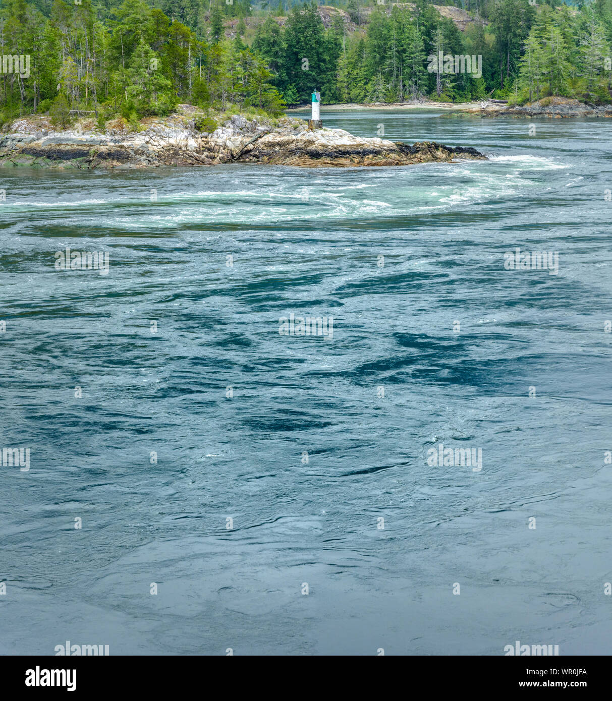 Turbulent, rapide et dangereux rapides de marée à marée haute, North Point, Skookumchuck Narrows, en Colombie-Britannique, Canada. Banque D'Images