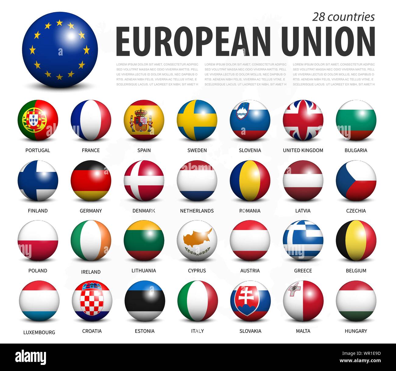 L'UE l'Union européenne cercle 3D'aligner les boules et membre flags design . Fond isolé blanc et l'Europe carte . Vector . Illustration de Vecteur