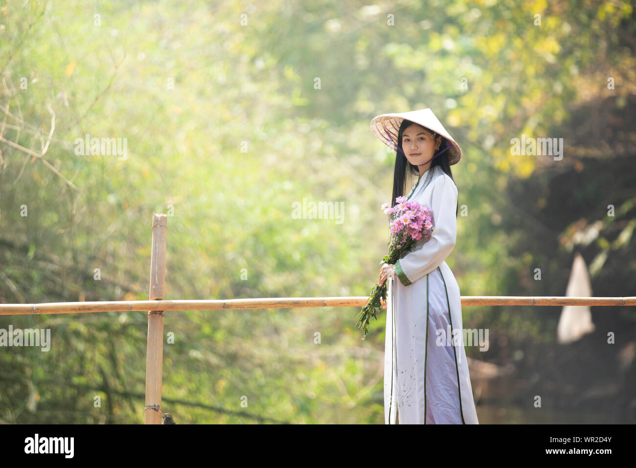 Belle femme avec robe traditionnelle viament, ao dai Banque D'Images