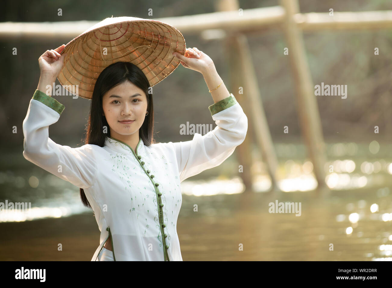 Belle femme avec robe traditionnelle viament, ao dai Banque D'Images
