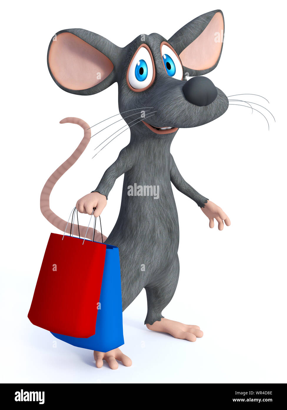 Le rendu 3D d'un sourire mignon cartoon souris debout et tenant deux sacs de shopping à la main. Arrière-plan blanc. Banque D'Images
