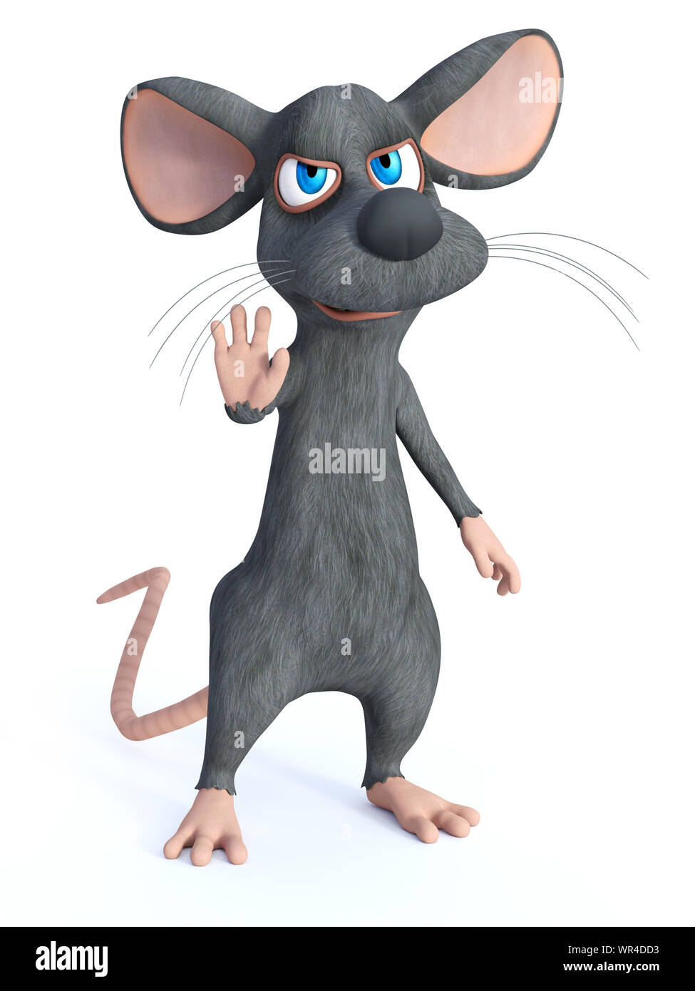 Le rendu 3D d'un cute cartoon souris levant la main vers le haut comme il dit stop. Arrière-plan blanc. Banque D'Images