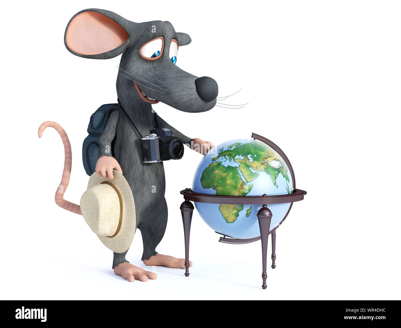 Le rendu 3D d'un sourire mignon cartoon souris avec un chapeau, un appareil photo et son sac à dos comme un touriste. Il est à la recherche d'un globe terrestre, prêt à décider où Banque D'Images