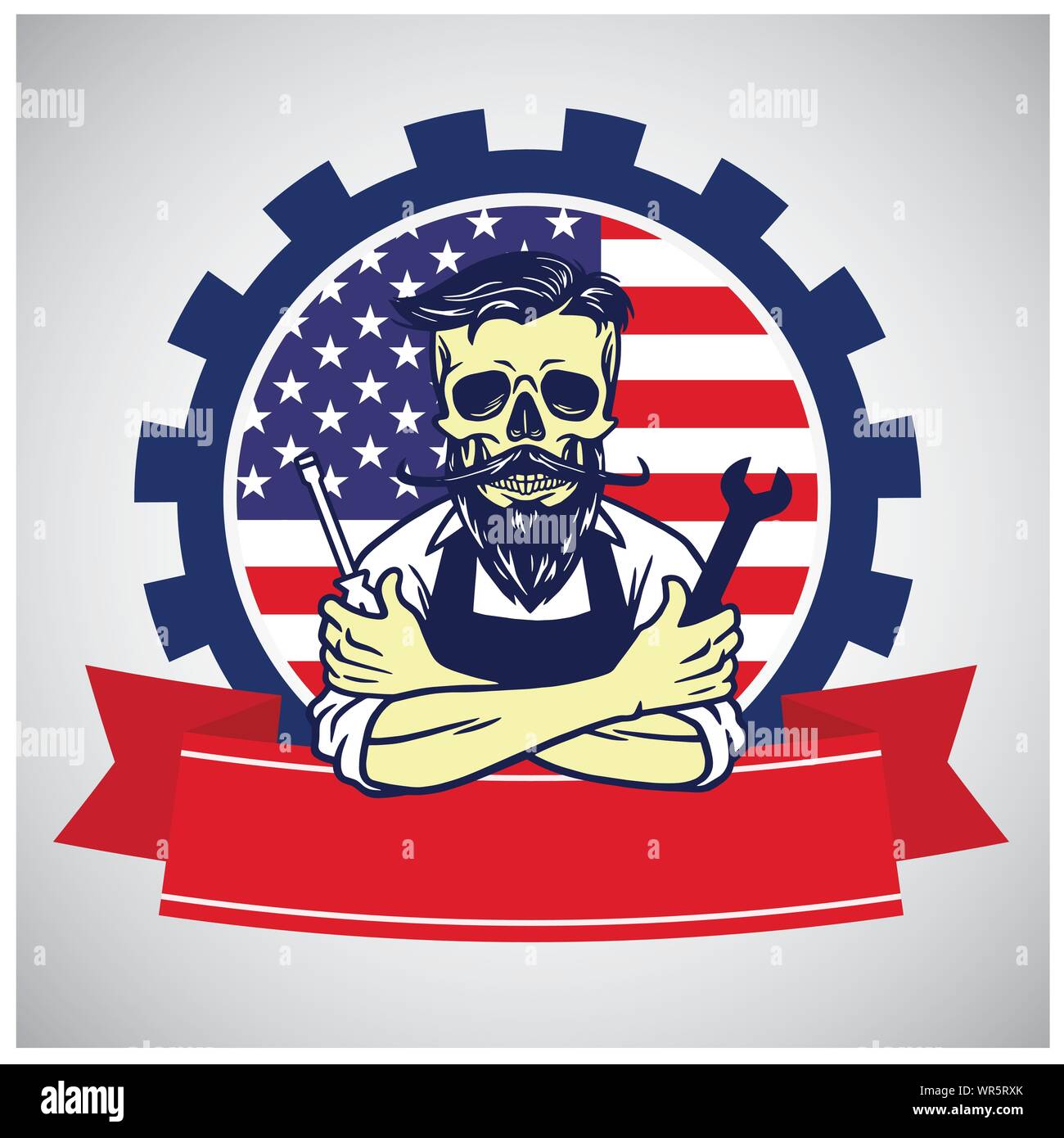 USA Fête du travail travailleur avec logo crâne United States National Flag Background Vector illustration design rétro Illustration de Vecteur
