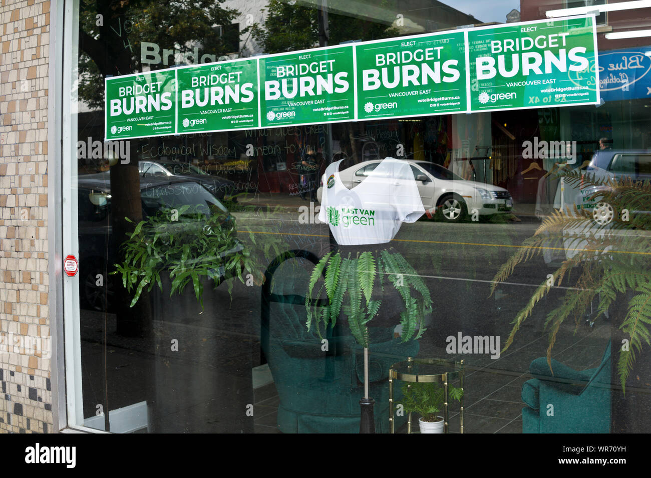 Bureau de campagne pour le candidat du Parti Vert fédéral, Bridget Burns, dans l'Est de Vancouver, Colombie-Britannique, Canada. Banque D'Images