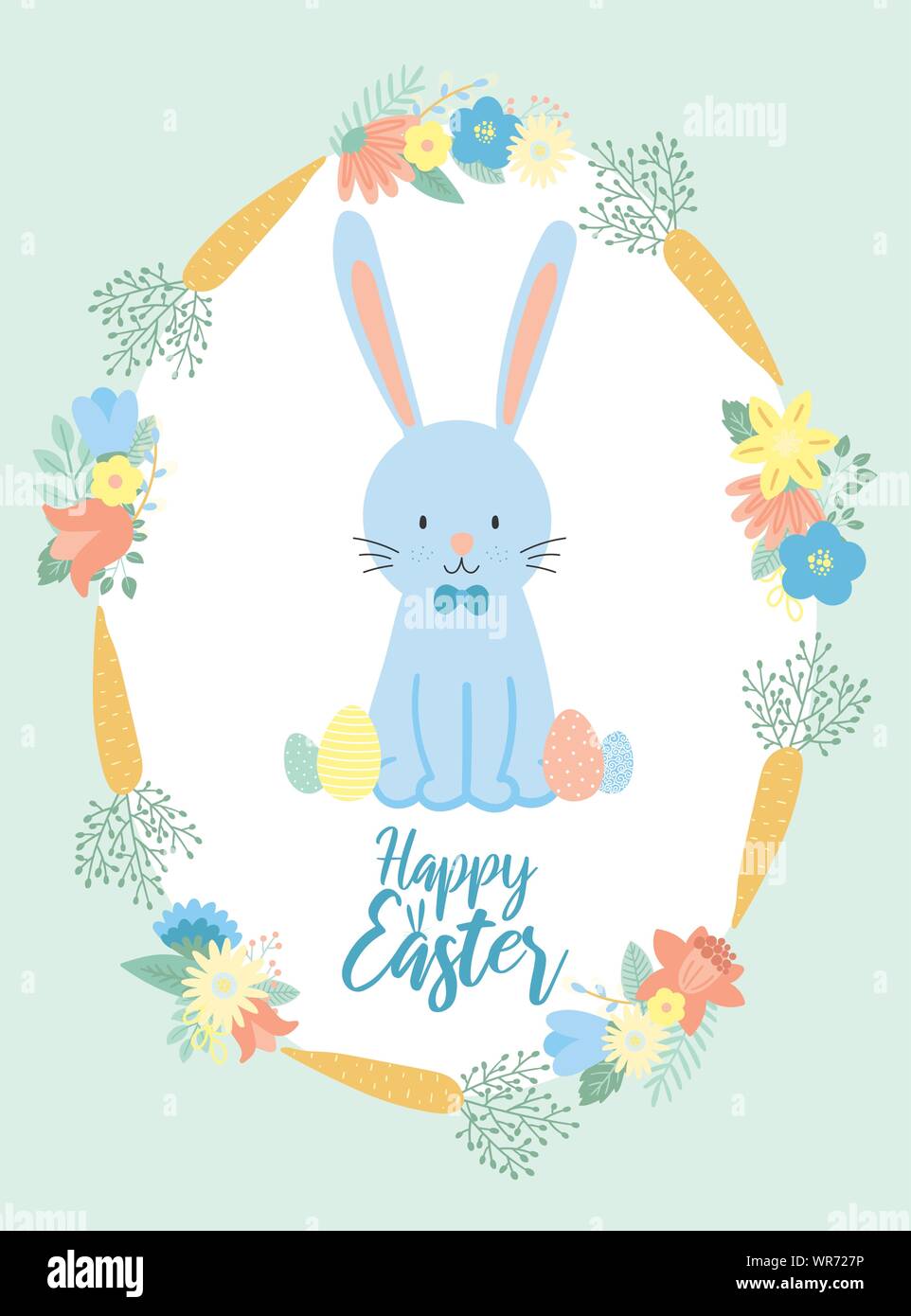 Image vectorielle d'un lapin bleu dans la couronne de fleurs et les carottes. Illustration de Pâques dessiné à la main d'un lapin pour de bonnes vacances de printemps, d'été, de l'accueil Illustration de Vecteur