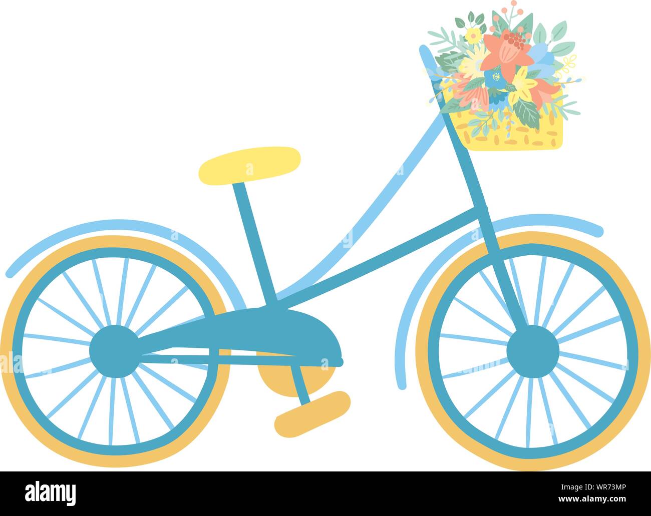 Image vectorielle d'un vélo avec panier et fleurs sur fond blanc.  Illustration de Pâques dessiné à la main d'un vélo pour les vacances de  printemps, l'été, l'imprimer, g Image Vectorielle Stock -
