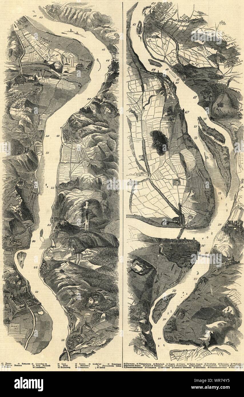 Panorama du rhin : Erpel - Andernach - Neuwied - Coblence - carte 1845 Stolzenfels Banque D'Images