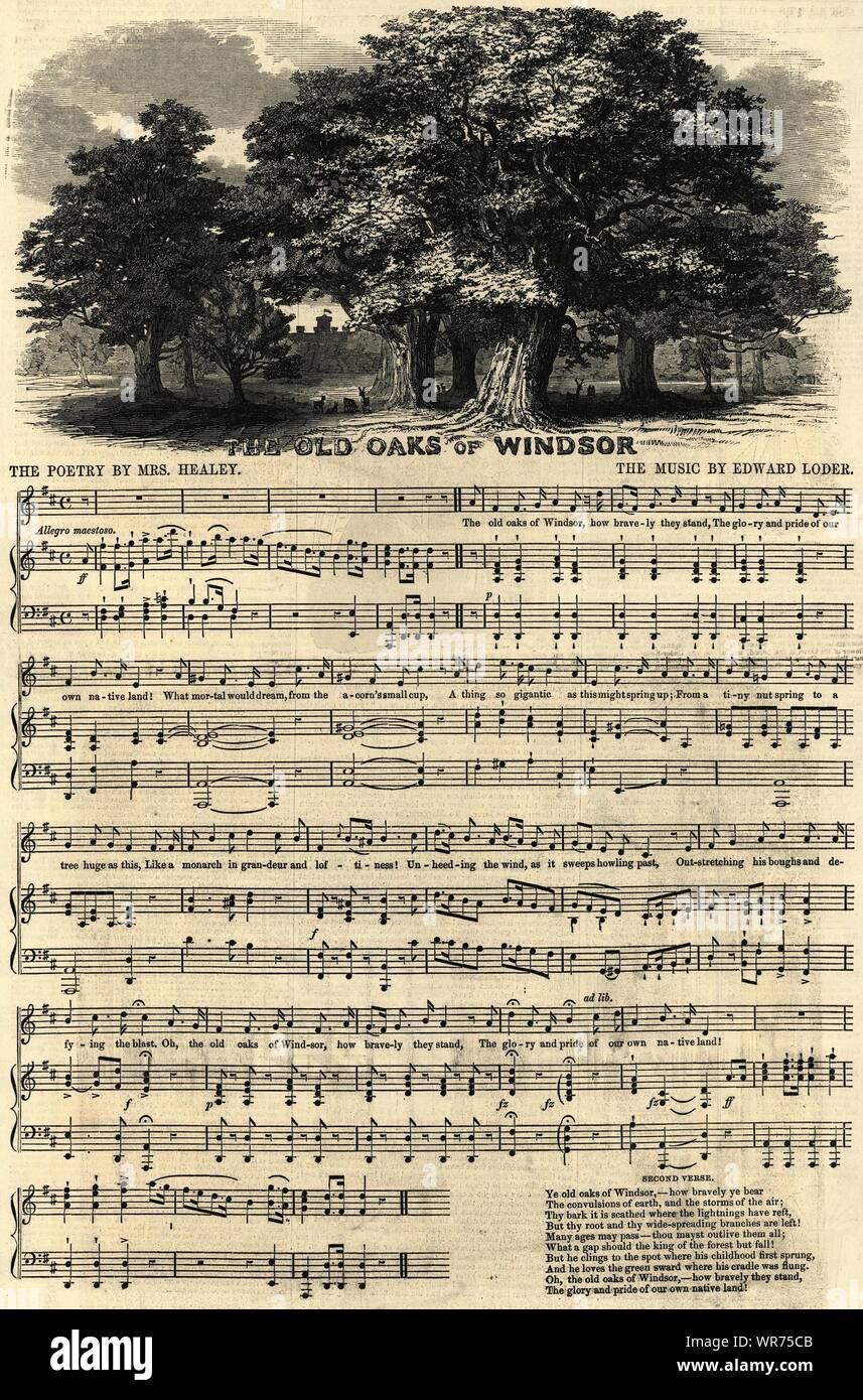 Les vieux chênes de Windsor. Partitions de musique. Healey. Edward Loder 1846 pleine page ILN Banque D'Images