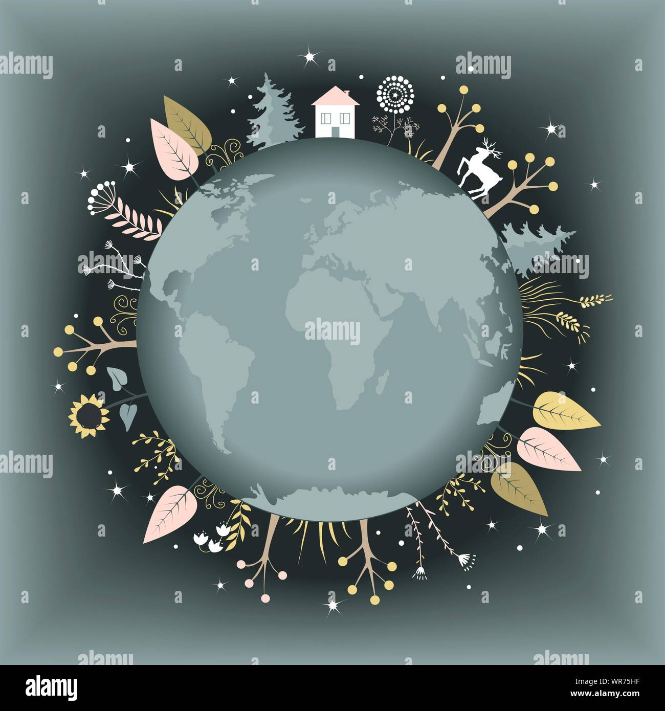 Automne Nature châssis avec planète terre, arbres, fleurs et maison. Ajouter votre texte. Illustration de Vecteur