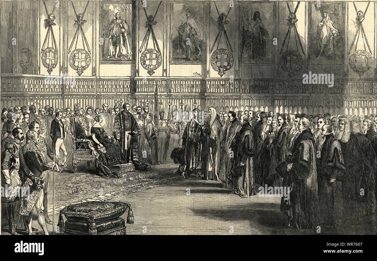 S'attaquer à la reine Victoria, à St George's Hall, le château de Windsor 1850 ILN imprimer Banque D'Images