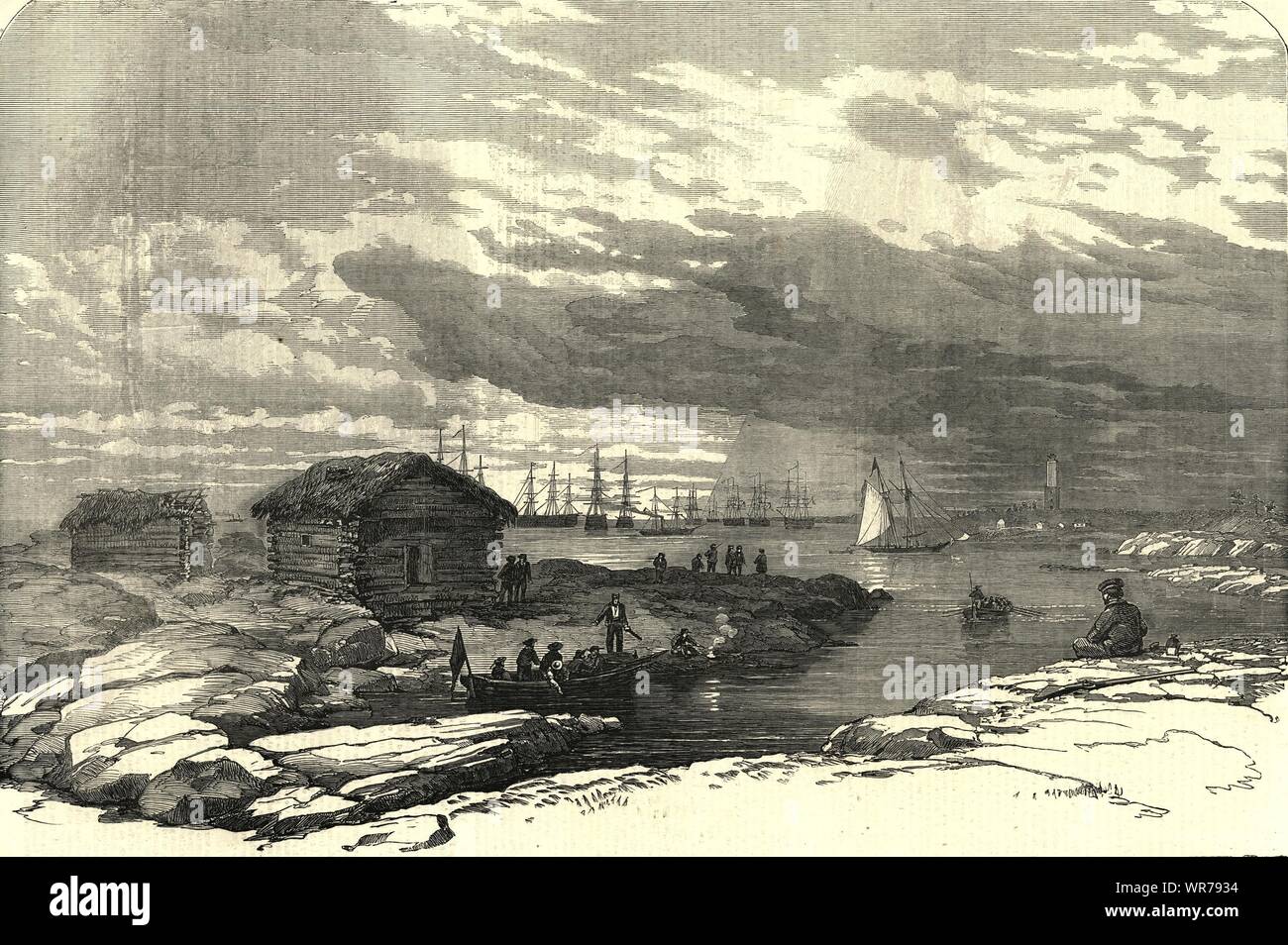 Son Baro, Golfe de Finlande. La flotte de la Baltique à l'ancre. Phare 1854 Reu-Skar Banque D'Images