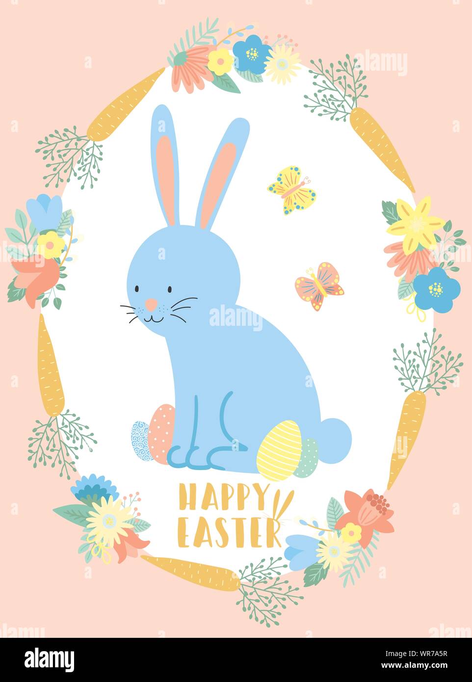 Image vectorielle d'un lapin bleu, les papillons et les oeufs dans les fleurs et les carottes guirlande. Illustration de Pâques dessiné à la main d'un lapin pour le printemps happy holi Illustration de Vecteur