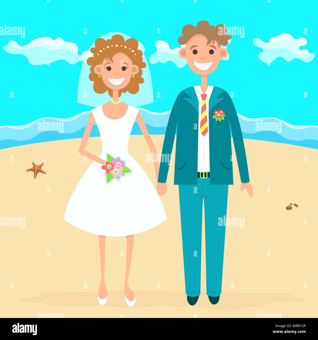 Bride and Groom télévision dessin, personnage dessiné, vector illustration. Cute funny photo jeunes mariés, femme en robe de mariée blanche, voile et bouqu Illustration de Vecteur