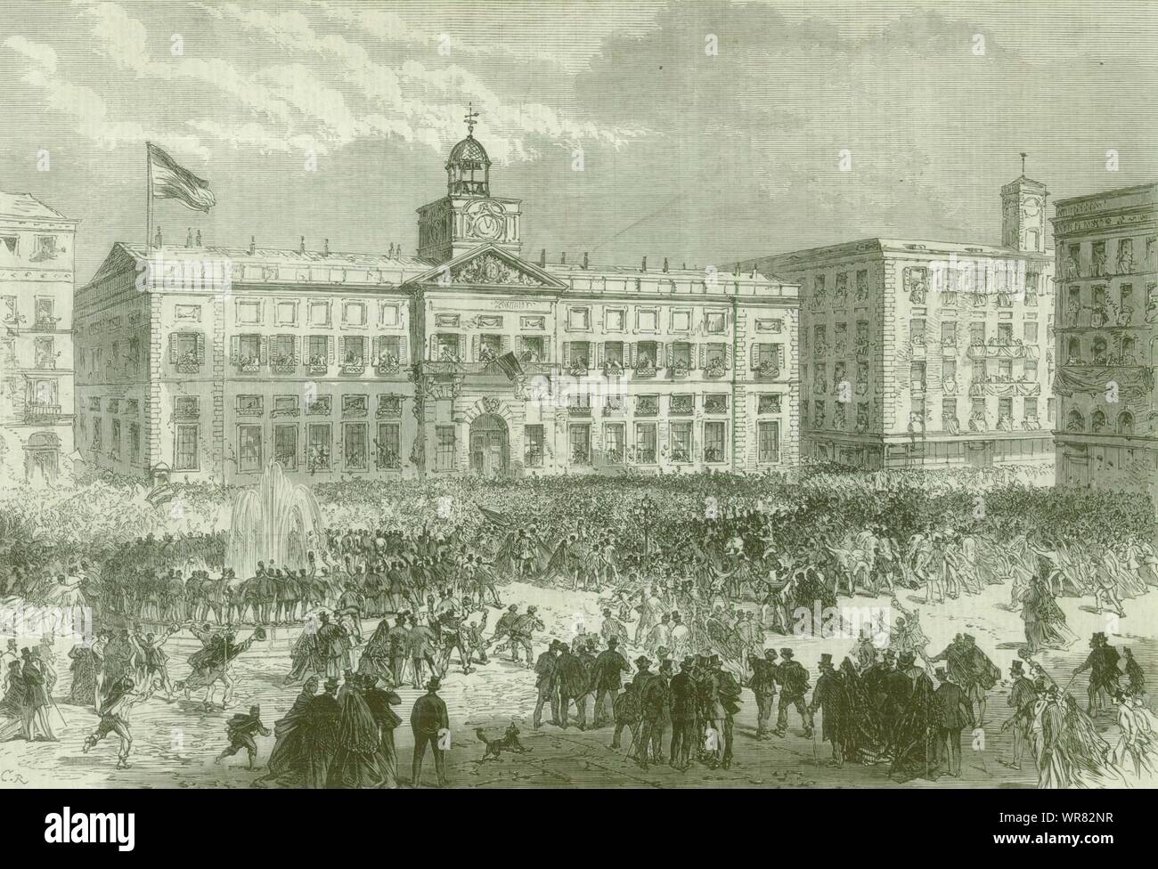 Glorieuse Révolution Espagne : Drapeau suspendu, la Puerta del Sol, Madrid 1868 ILN imprimer Banque D'Images