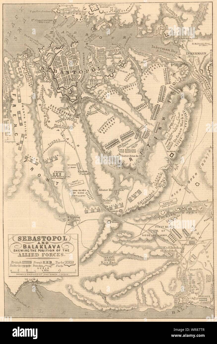 Sébastopol et Balaklava. Position des Forces alliées. Guerre de Crimée 1854 map Banque D'Images