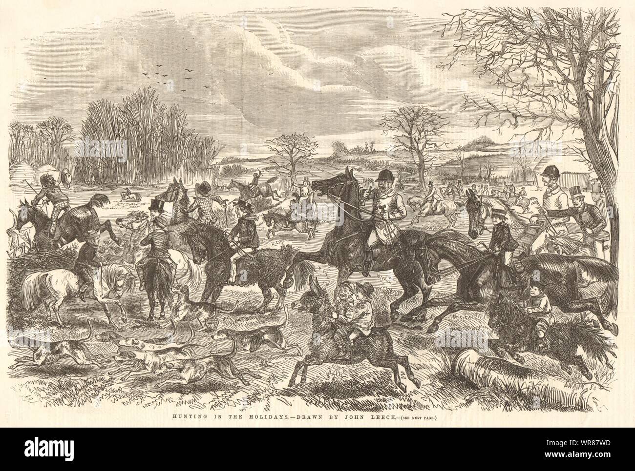 La chasse dans les fêtes - dessiné par John Leech. Angleterre 1855 page ILN antique Banque D'Images