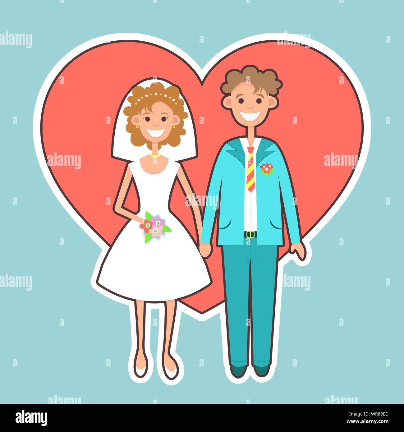 Mariée et le marié, autocollant, télévision l'icône Dessin, personnage, vector illustration. Photo des nouveaux mariés, femme en robe de mariée blanche avec bouquet et Illustration de Vecteur