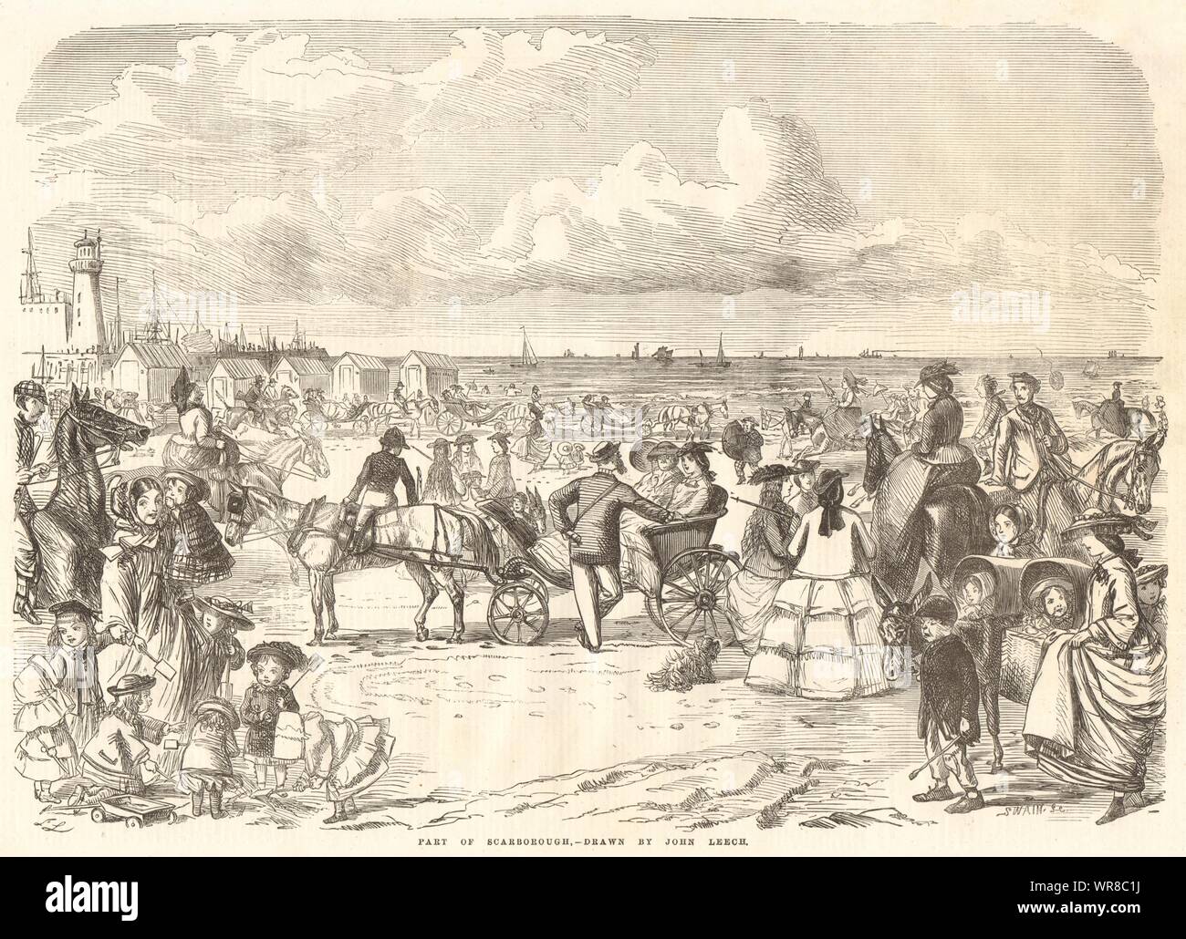 Partie de Scarborough - dessiné par John Leech. Yorkshire ILN 1857 full page print Banque D'Images